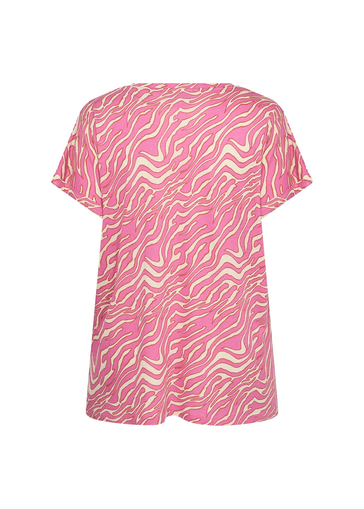 ryggen af kortærmet mønstret t-shirt i pink med rund hals. Wasabi WA-MAGGI 1 T-shirt Wild Rose Combi