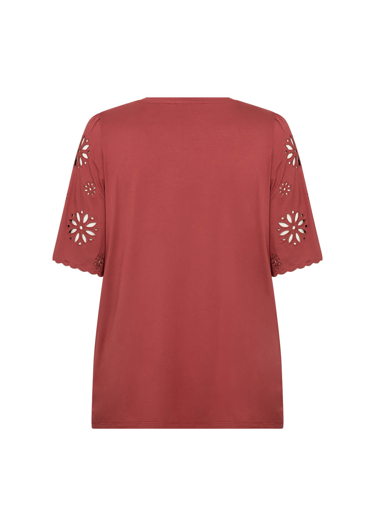 ryggen af kortærmet rød bluse med dekorative detaljer på ærmerne. Wasabi WA-STELLA 39 Bluse Mineral Red