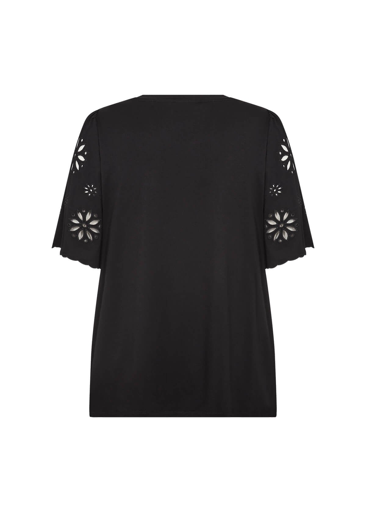 ryggen af kortærmet sort bluse med dekorative detaljer på ærmerne. Wasabi WA-STELLA 39 Bluse Black