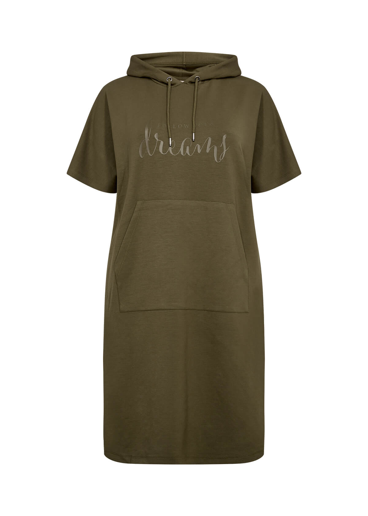 afslappet oliven grøn kjole med hætte og korte ærmer. Wasabi WA-SABINA 52 Kjole Misty Olive