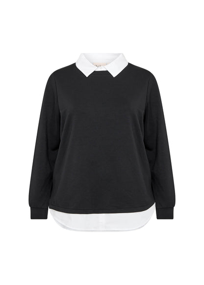 sort bluse med hvid skjortekrave og bund under. Wasabi WA-SABINA 69 Bluse Black Combi