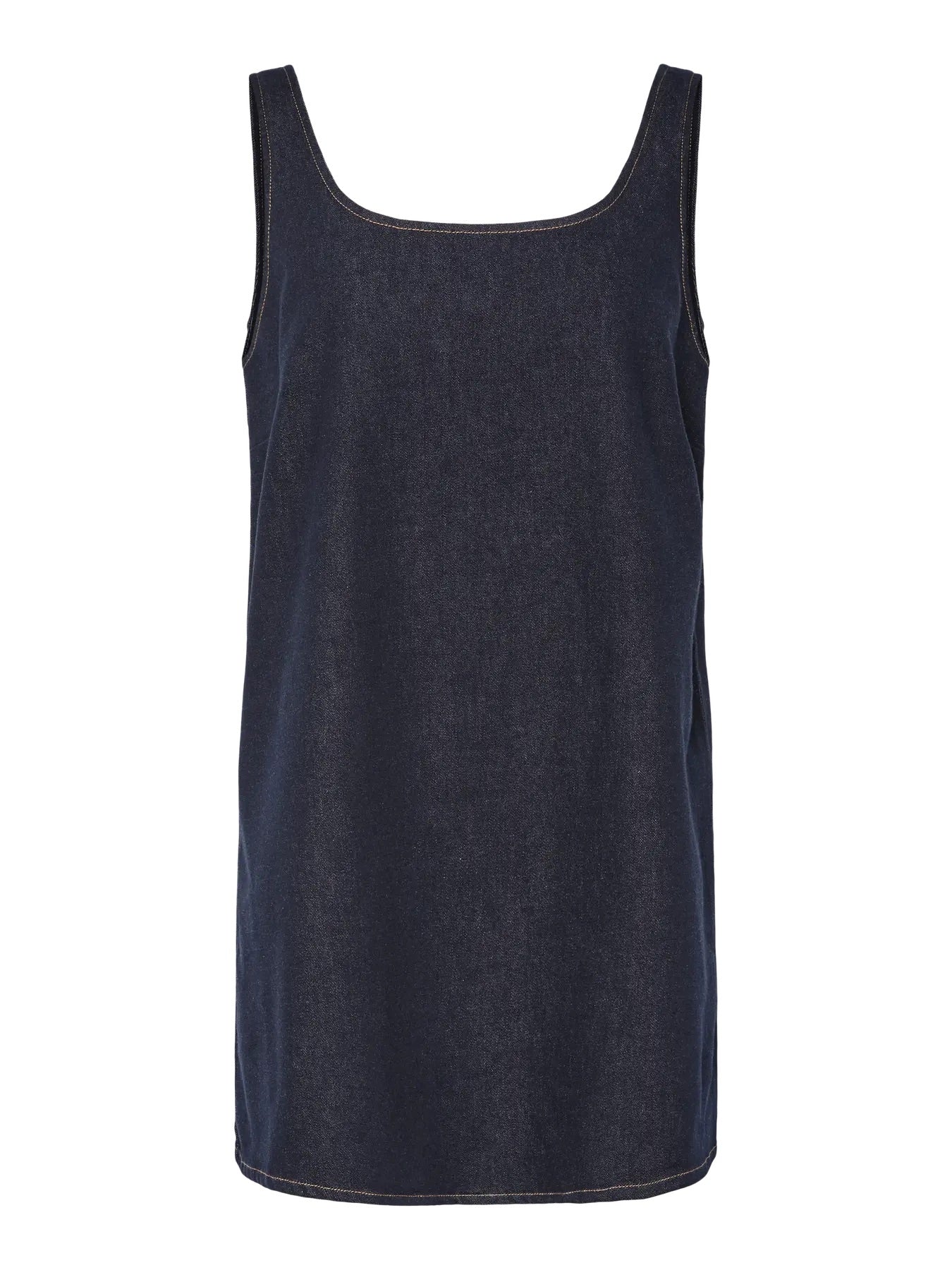 kort ærmeløs denimkjole med firkantet halsudskæring. PIECES PCFRANNA Dark Blue Denim