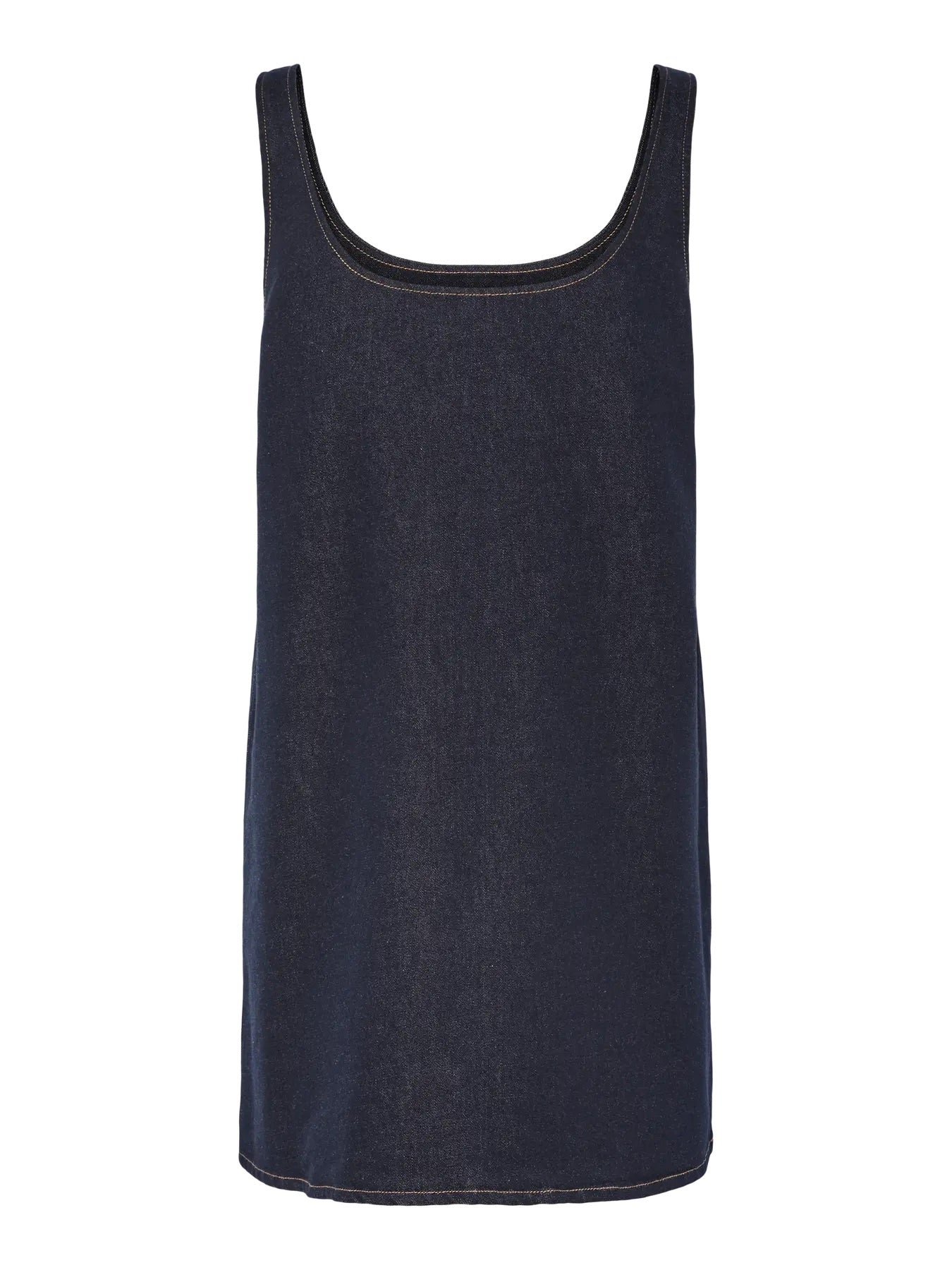 ryggen af kort ærmeløs denimkjole med firkantet halsudskæring. PIECES PCFRANNA Dark Blue Denim