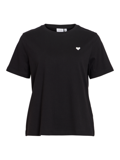 Vila - Vivora - T-shirt - Black - Vivora S/S Heart Emb T-Shirt