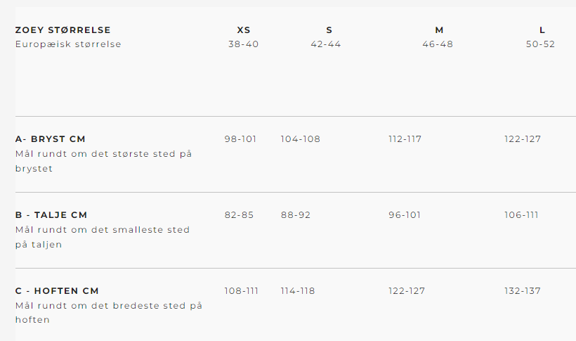 Zoey SizeGuide