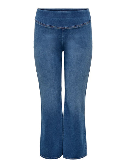 blå jeans med bred elastik i taljen. ONLY Carmakoma CARROYAL Flared Legging Medium Blue Denim