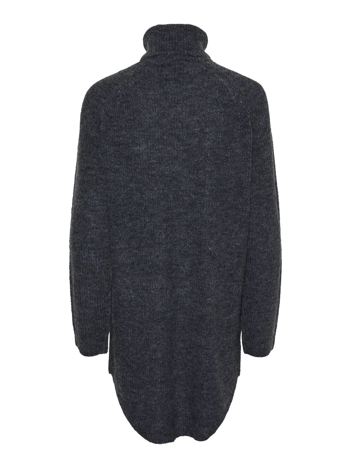 lang mørkegrå strik med rullekrave og buet kant forneden. PIECES PCELLEN LS LONG KNIT Dark Grey