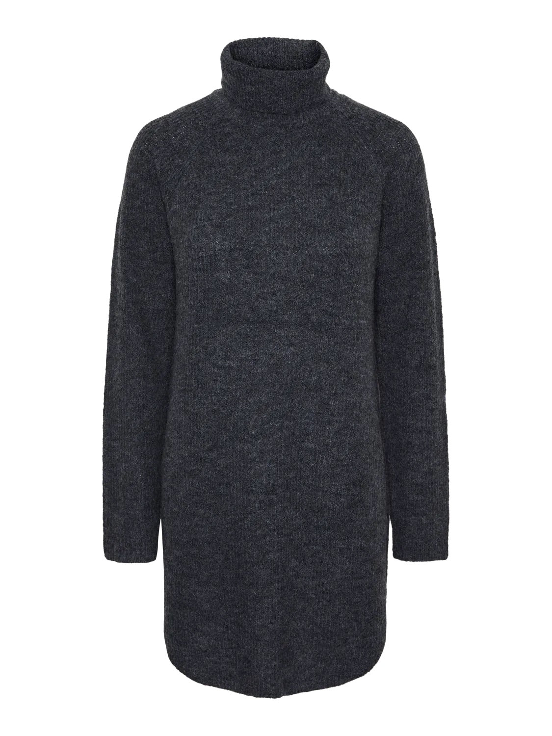 lang mørkegrå strik med rullekrave og buet kant forneden. PIECES PCELLEN LS LONG KNIT Dark Grey
