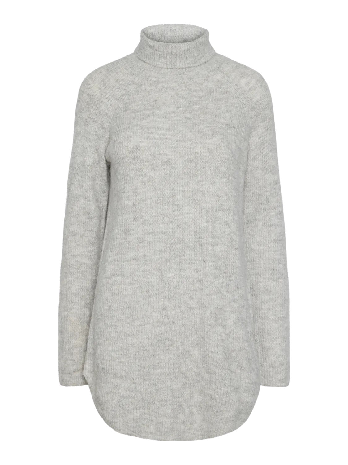 lang lysegrå strik med rullekrave og buet kant forneden. PIECES PCELLEN LS LONG KNIT Light Grey Melange