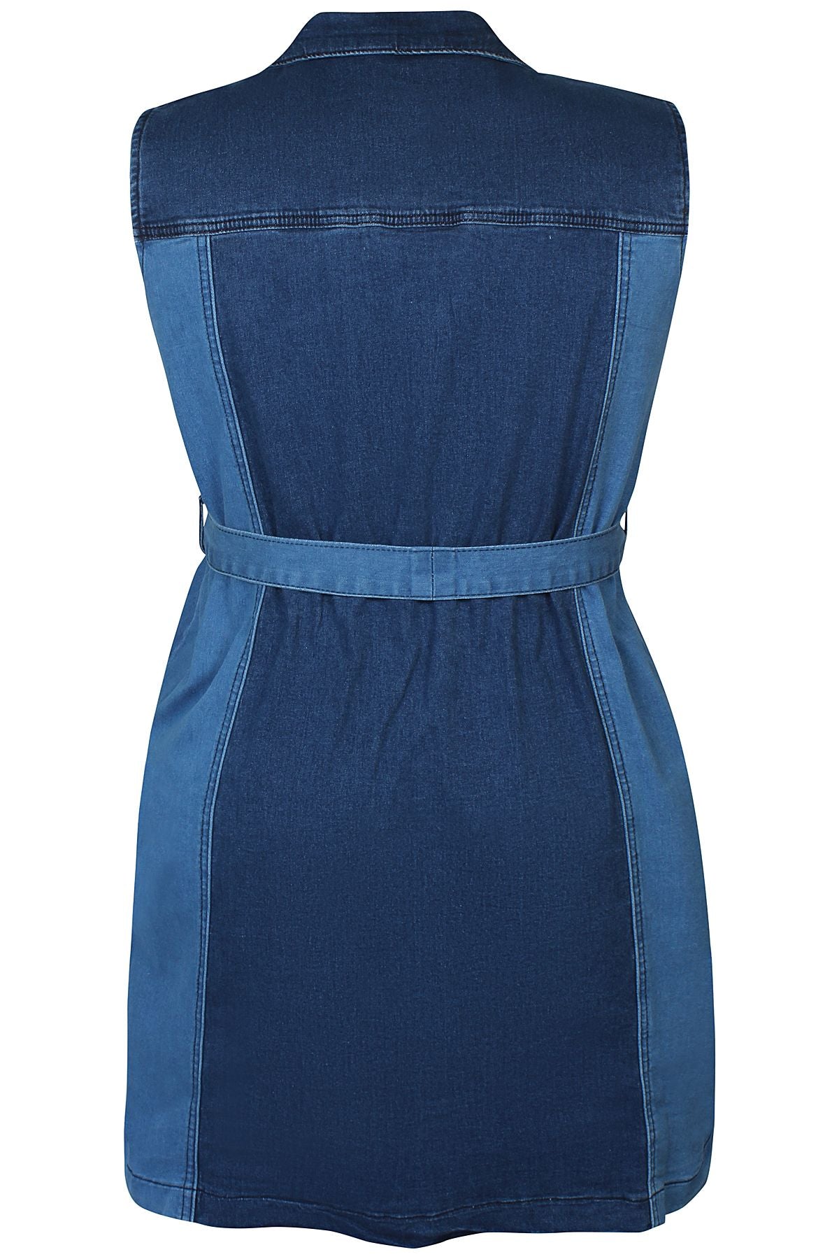 ryggen af blå denimkjole uden ærmer med knappelukning og bindebånd i talje. ZHENZI Hope 786-Dress Nigella Blue