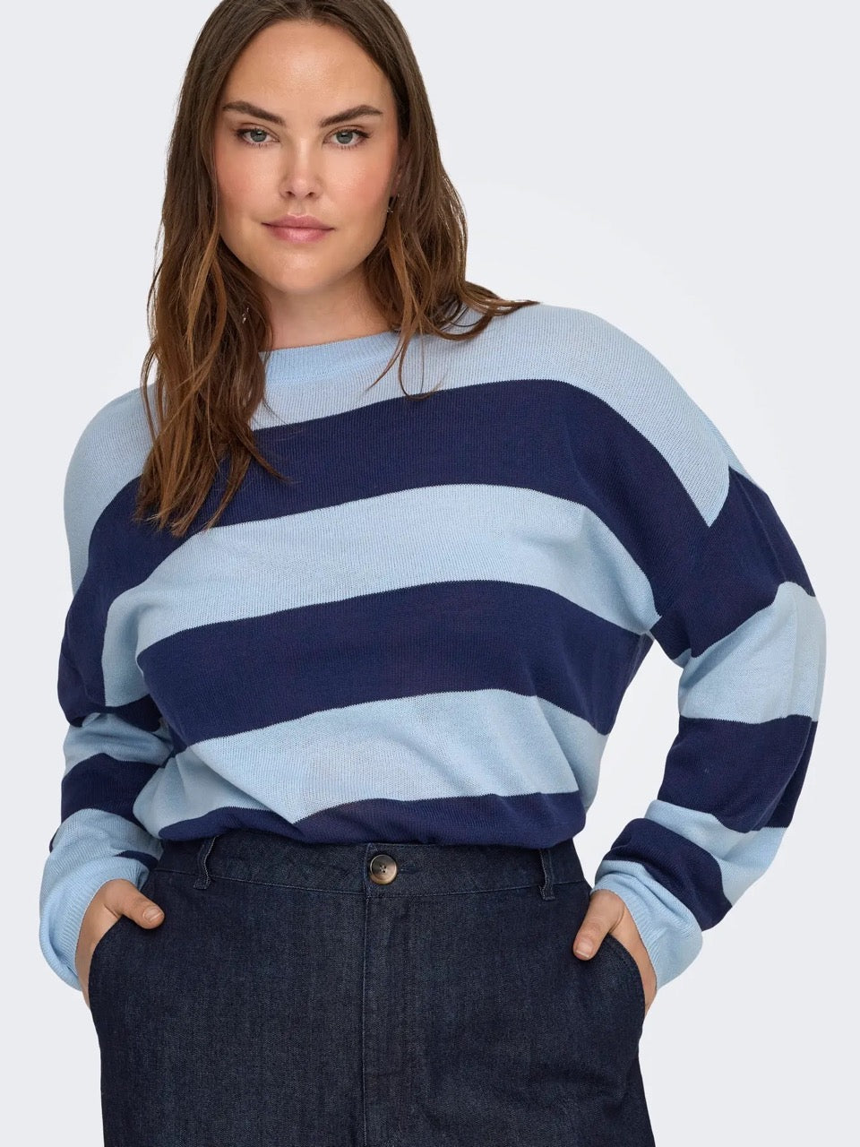 stribet blå strik ONLY Carmakoma CARDERRY Knit Cashmere Blue Naval Academy