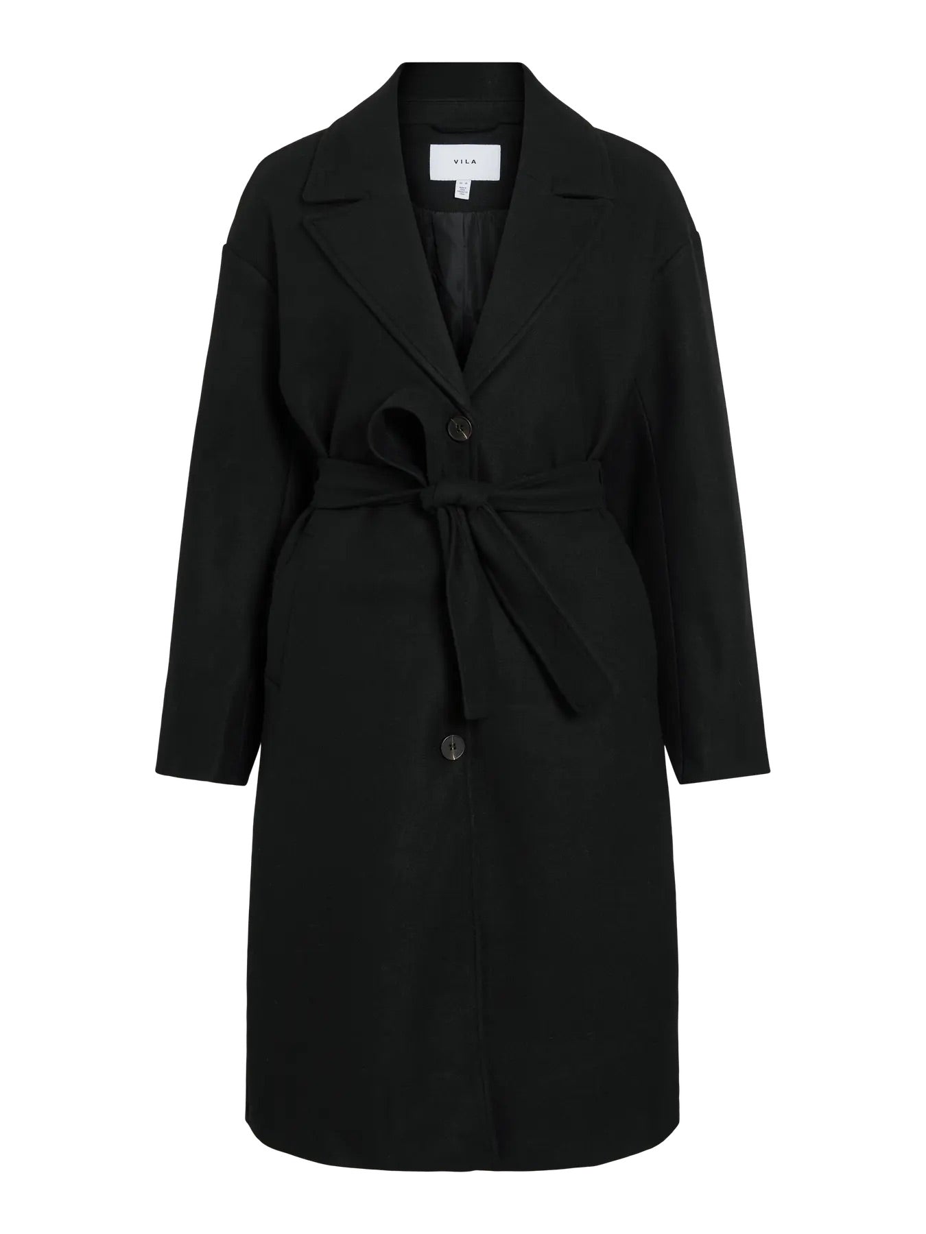 sort lang frakke med ælte i taljen. VILA VICLAUDIA L/S Long Coat Black Beauty