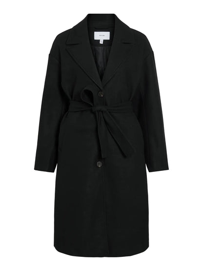 sort lang frakke med ælte i taljen. VILA VICLAUDIA L/S Long Coat Black Beauty