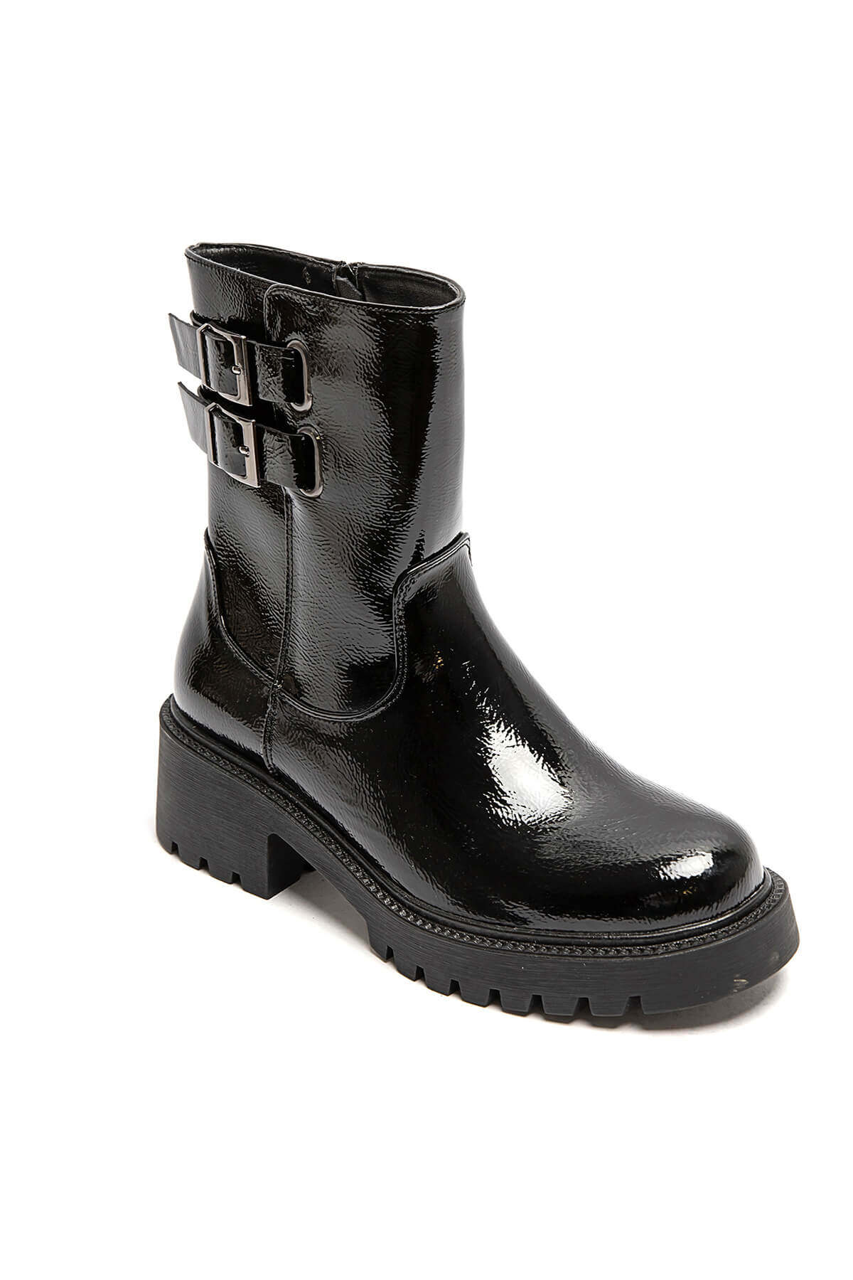 Mind by Lene short patent leather boot with buckle | Black