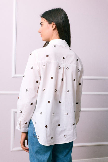 MIND by lene skjorte med brune hjerter | Hvid