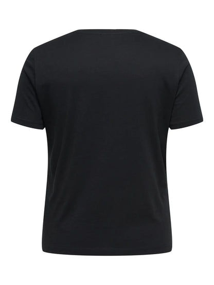 kortærmet sort t-shirt med hjerte ONLY Carmakoma CARKITA S/S LOGO TOP Black Gold Glitter Heart