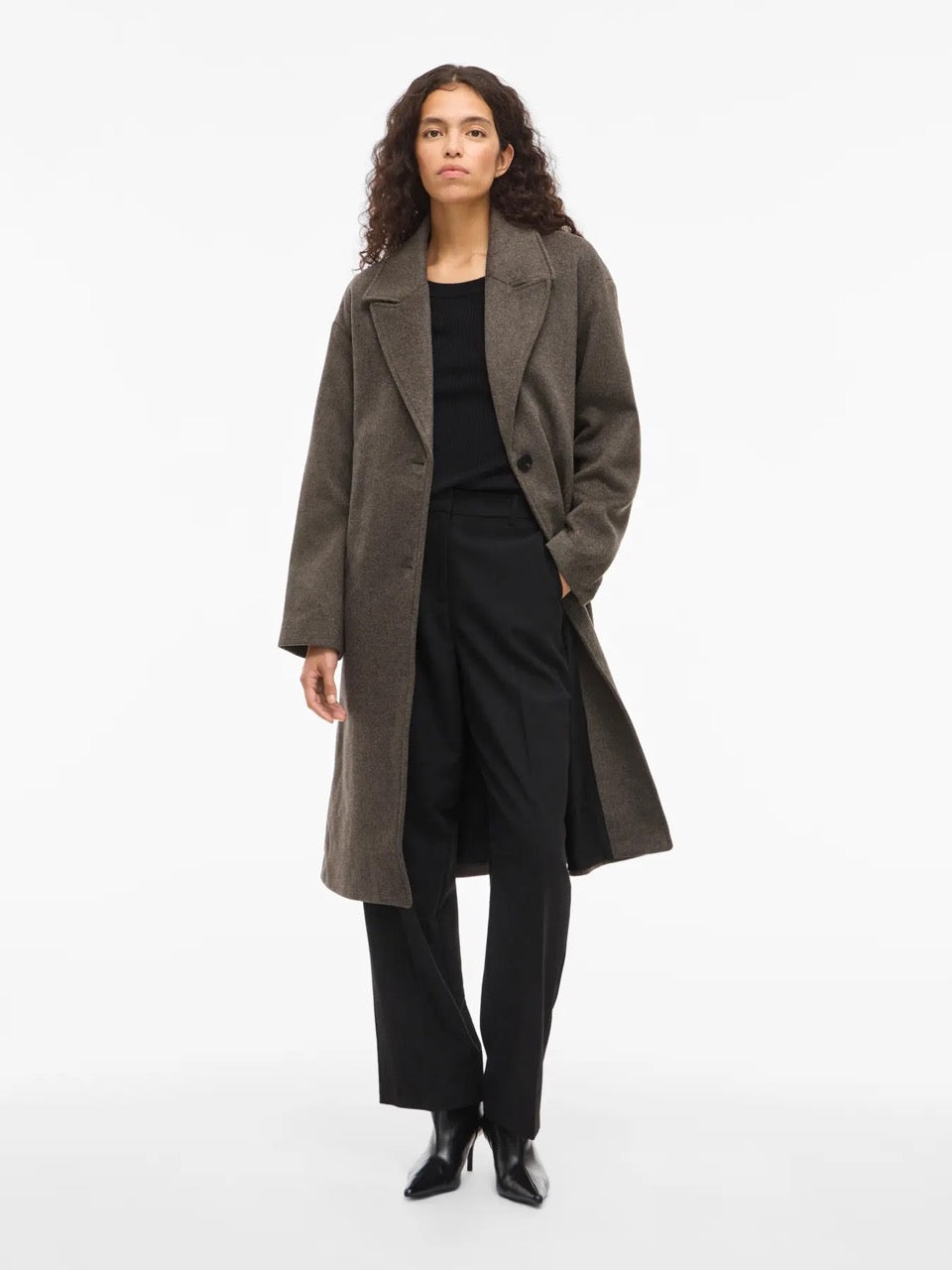 brun frakke med bælte VILA VILINSE L/S Belted Coat Chocolate Chip Melange