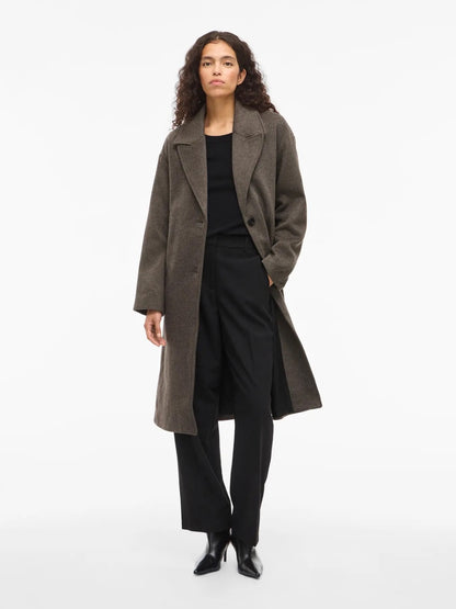 brun frakke med bælte VILA VILINSE L/S Belted Coat Chocolate Chip Melange