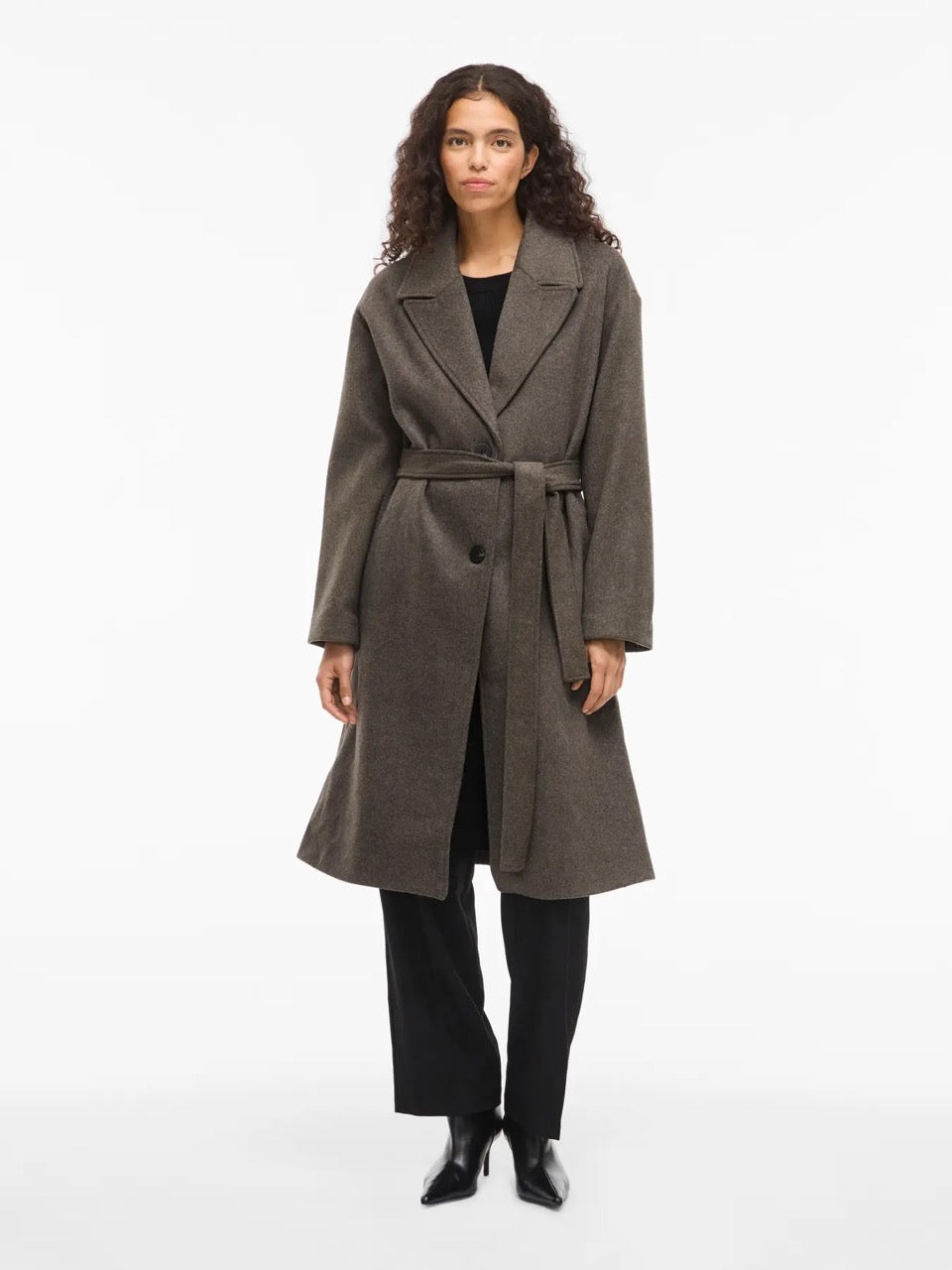 brun frakke med bælte VILA VILINSE L/S Belted Coat Chocolate Chip Melange