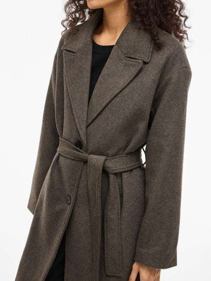 brun frakke med bælte VILA VILINSE L/S Belted Coat Chocolate Chip Melange