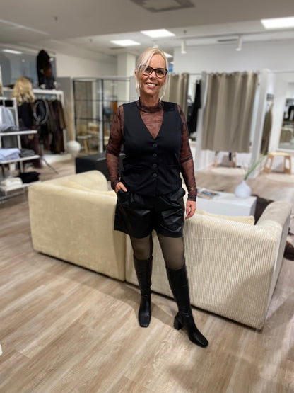 Lene i mesh bluse NÜ Dark Brown mix Vica Blouse mesh med sort vest Freequent FQNANNI-WAISTCOAT Black