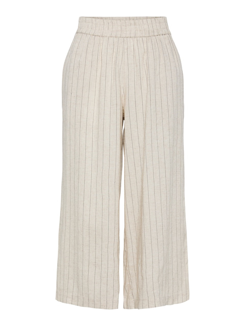 cropped beige hørbukser med tynde sorte striber og elastik i taljen. PIECES PCPIA HW WIDE CULOTTE Birch/black