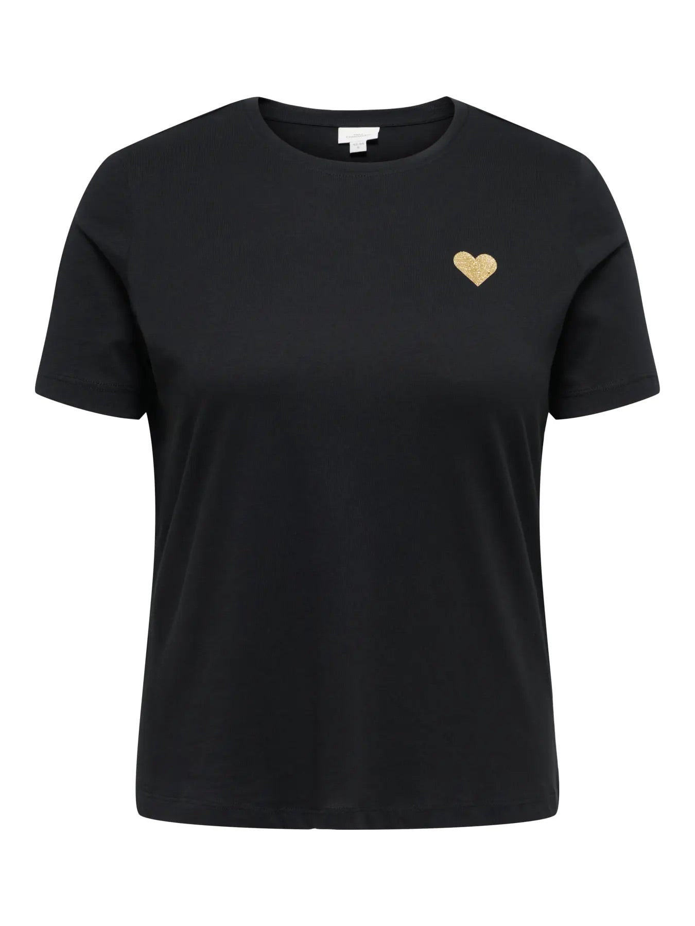 kortærmet sort t-shirt med hjerte ONLY Carmakoma CARKITA S/S LOGO TOP Black Gold Glitter Heart
