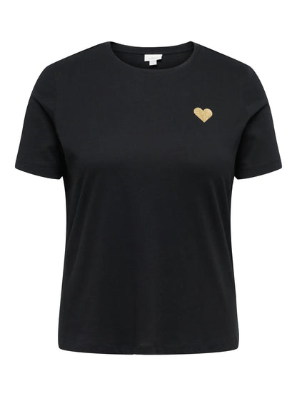 kortærmet sort t-shirt med hjerte ONLY Carmakoma CARKITA S/S LOGO TOP Black Gold Glitter Heart