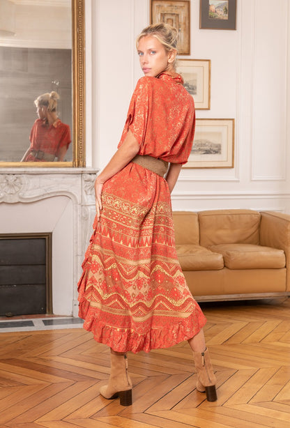 MIND by lene orangerød mønsteret  skjorte kjole