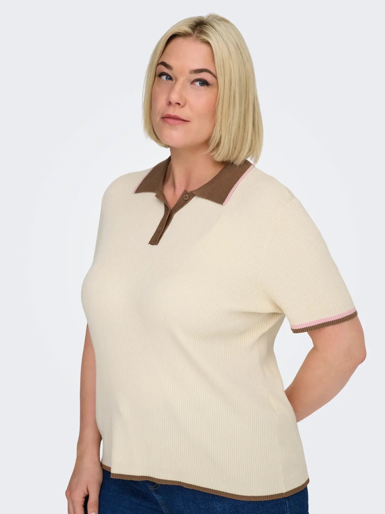 ONLY CARMEDDI LIFE SS CONTRAST POLO KNT (Birch Toasted Cocunut/Romance Rose)