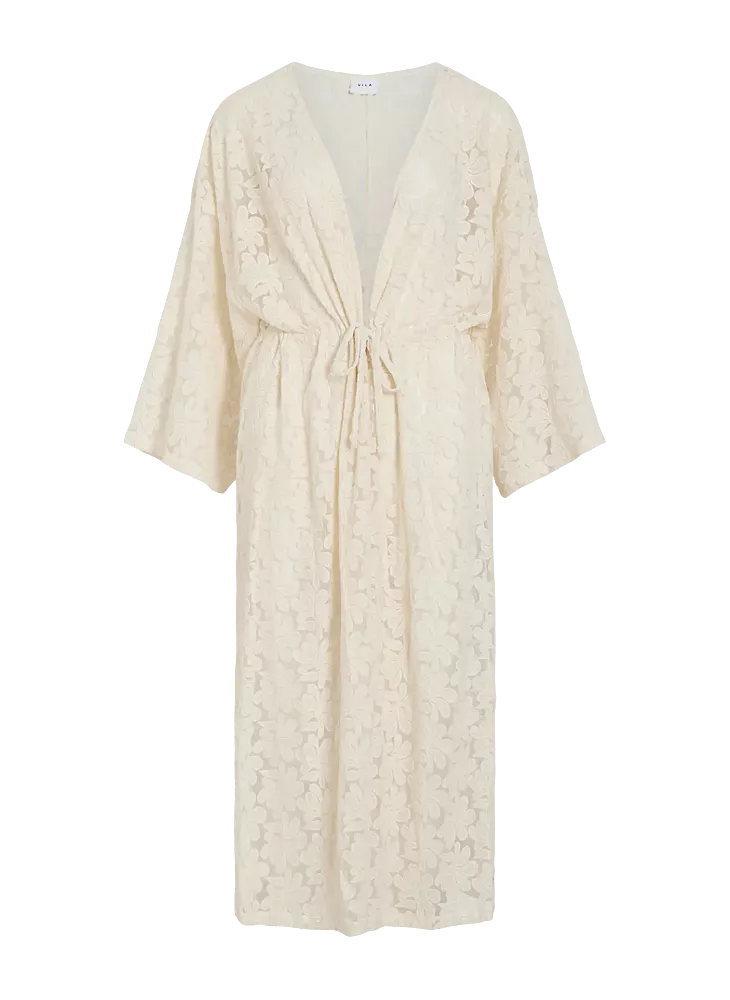 VILA blonde kimono kjole med bindebånd – creme