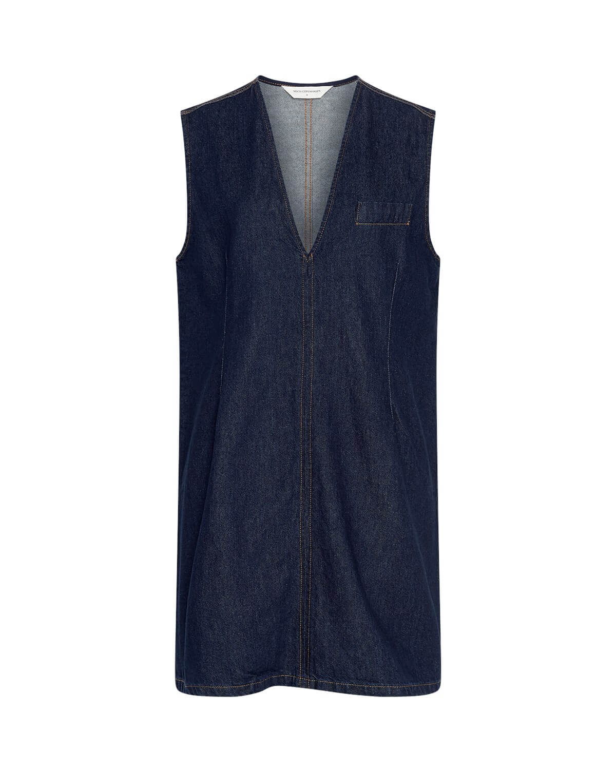 blå denimkjole med v-hals og ingen ærmer