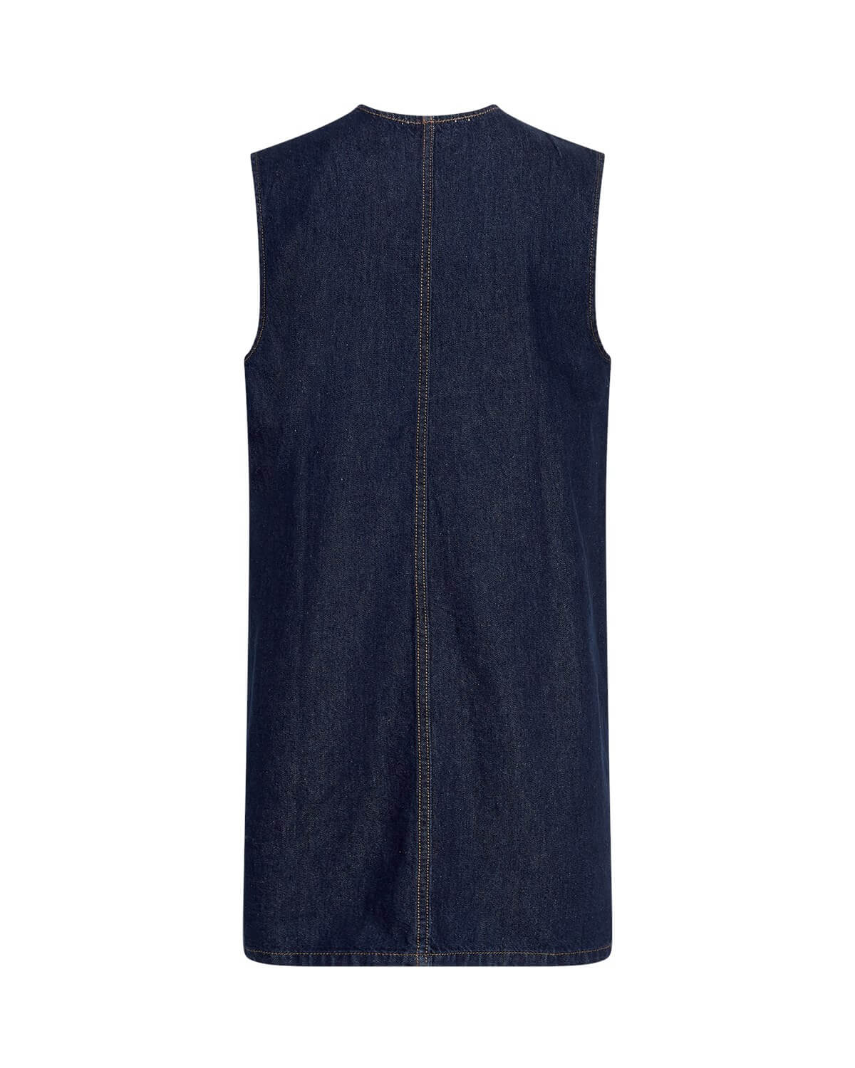 ryggen af ærmeløs denimkjole med v-hals. MOSS Copenhagen MSCHAdna Elena SL Dress