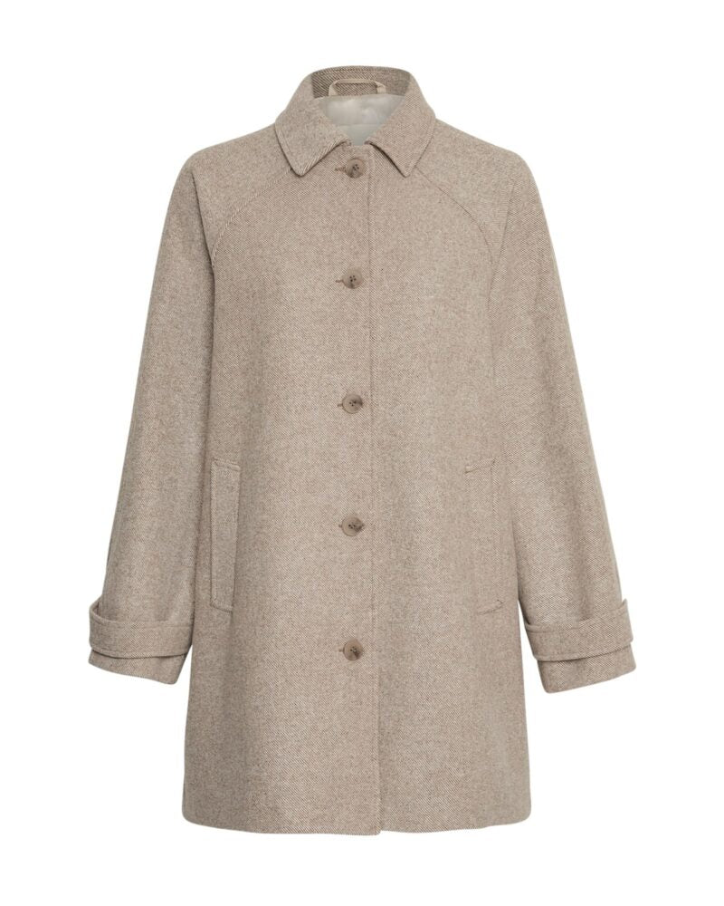 Moss Copenhagen lang beige jakke med krave og knappelukning MSCHBoone Josia Jacket CARIBO/SILVER L