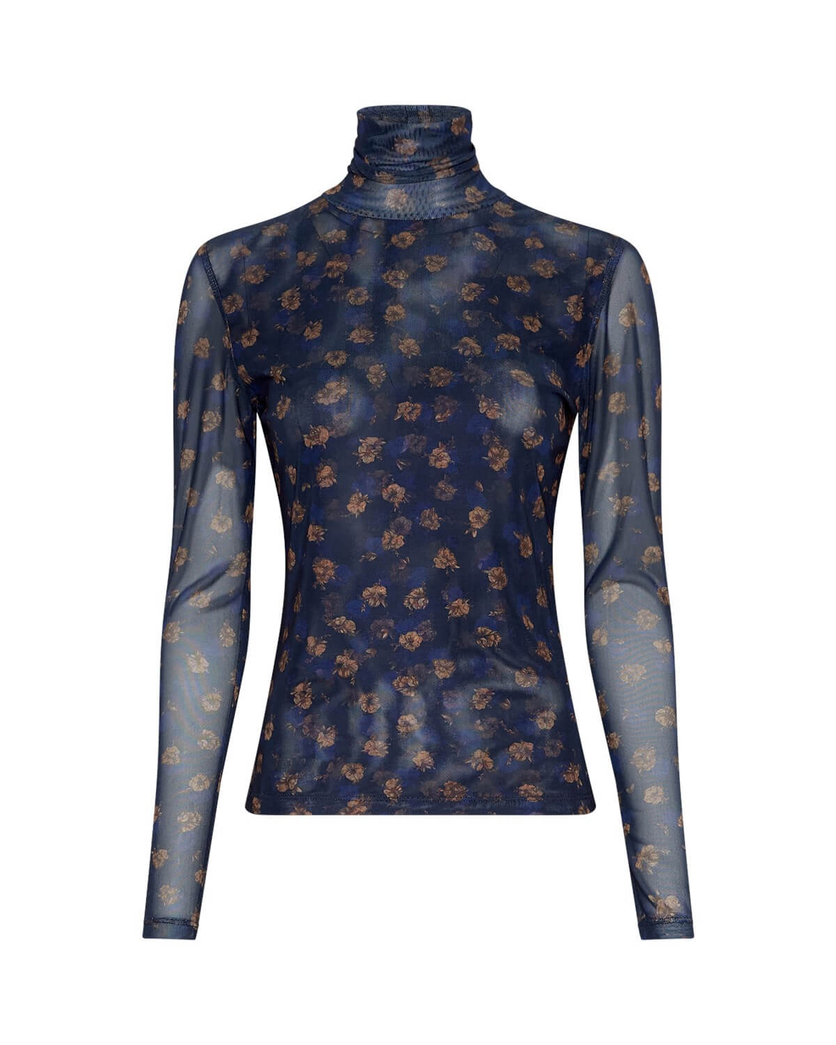 blå meshbluse med brunt blomsterprint. MOSS Copenhagen MSCHGinie Illenora LS Top AOP