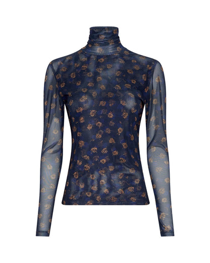 blå meshbluse med brunt blomsterprint. MOSS Copenhagen MSCHGinie Illenora LS Top AOP