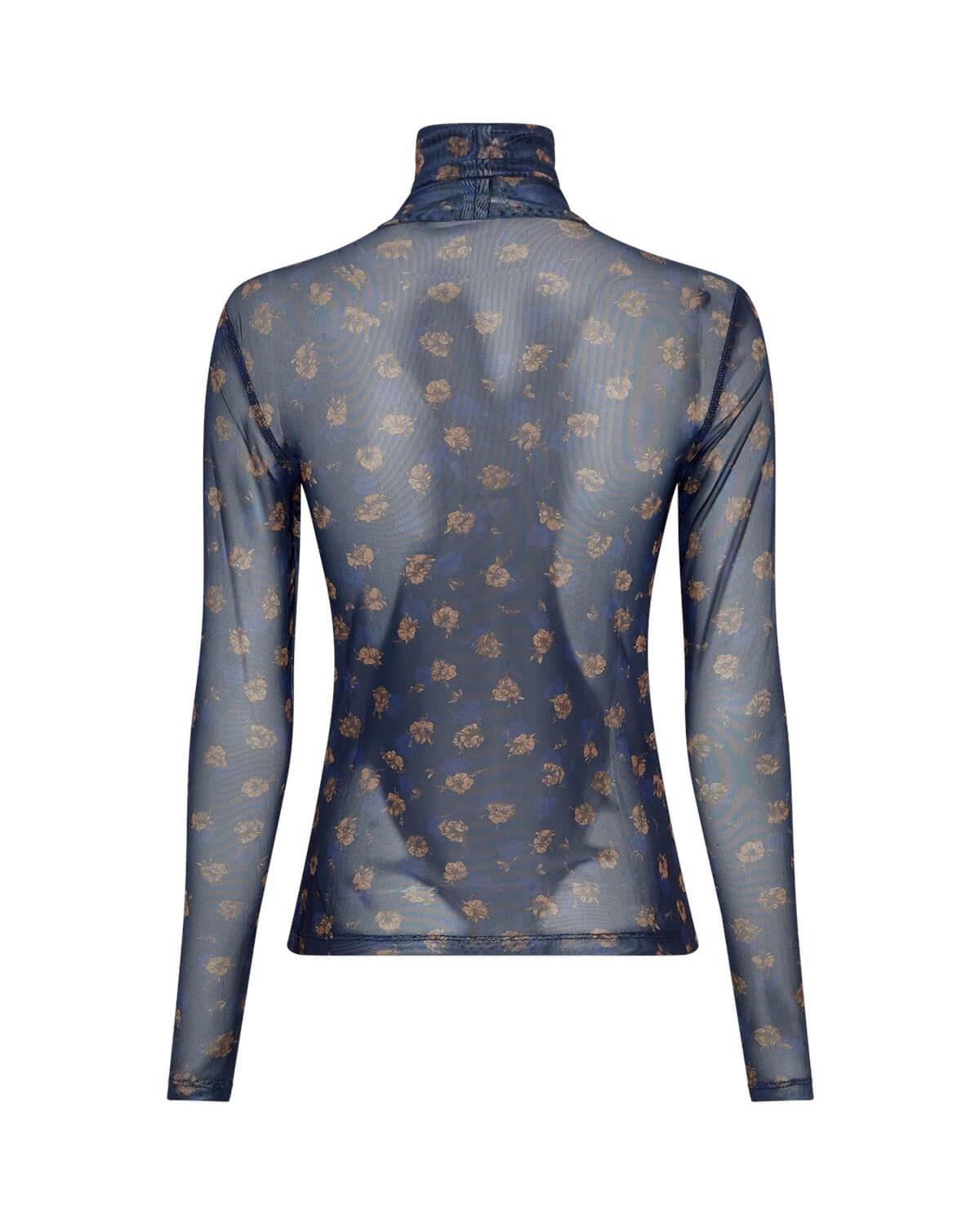 ryggen af blå meshbluse med rullekrave og brunt blomsterprint. MOSS Copenhagen MSCHGinie Illenora LS Top AOP