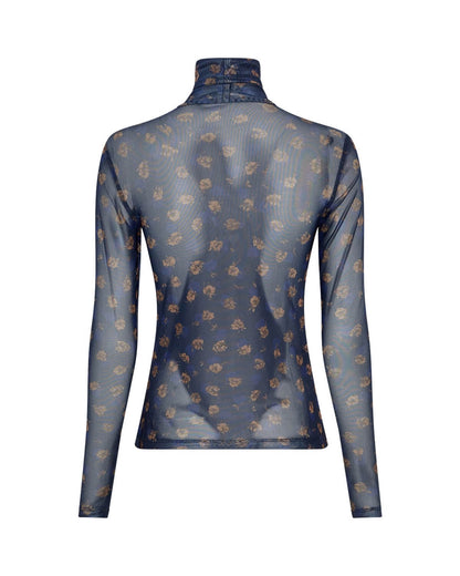 ryggen af blå meshbluse med rullekrave og brunt blomsterprint. MOSS Copenhagen MSCHGinie Illenora LS Top AOP