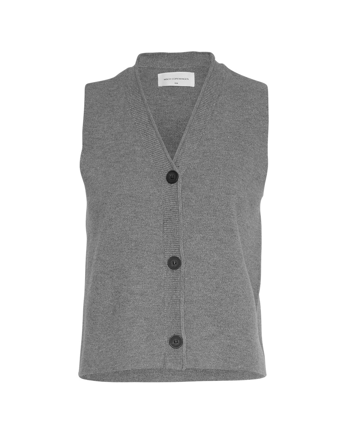 MSCHGinnette East Vest MGM finstrikket grå vest med sorte knapper foran
