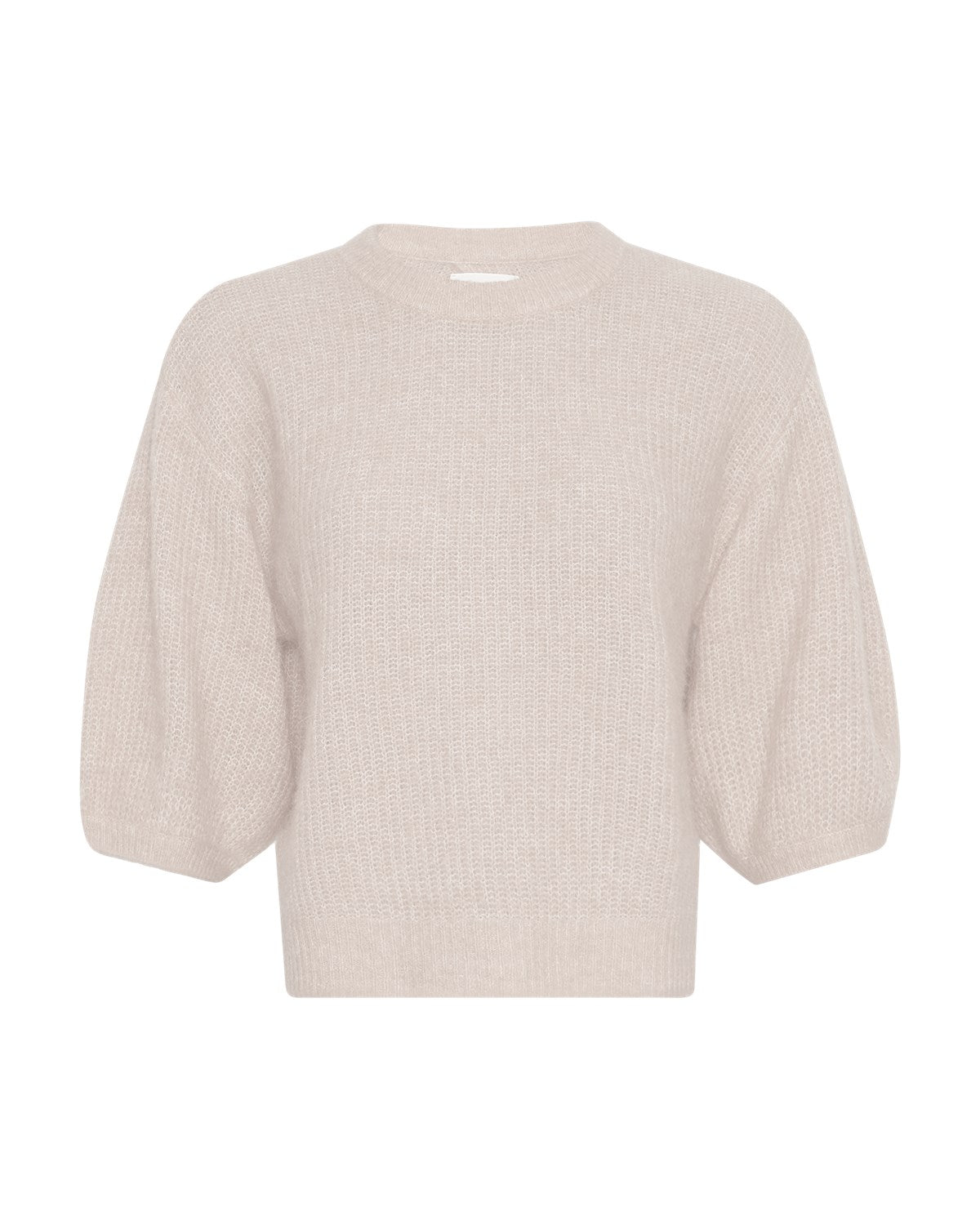 beige strik med 2/4 ærmer og rund hals. MOSS Copenhagen MSCHHila Hope 2/4 Pullover Oatmeal