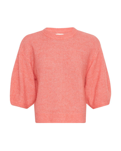 strik bluse i coral med 2/4 ærmer og rund hals. MOSS Copenhagen MSCHHila Hope 2/4 Pullover Coral