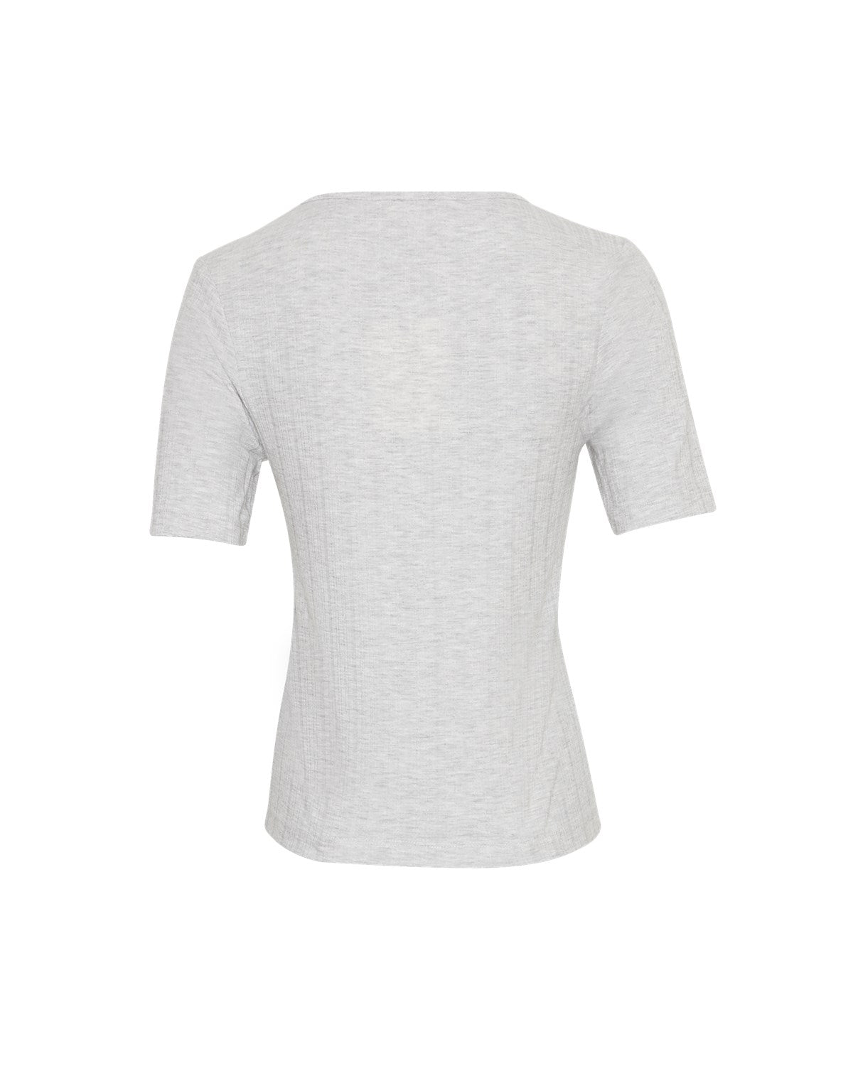 ryggen af kortærmet grå t-shirt med dyb rund halsudskæring. MOSS Copenhagen MSCHJuna SS Tee LGM