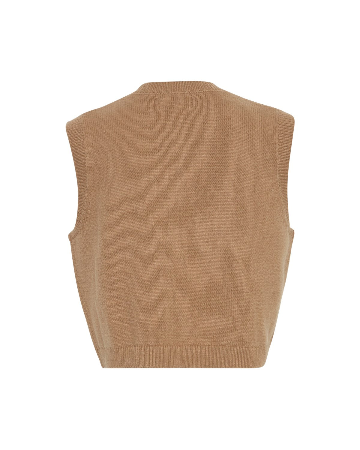 ryggen af brun vest i strik med knappelukning og brystlommer. MOSS Copenhagen MSCHMarica Carina Vest Ermine