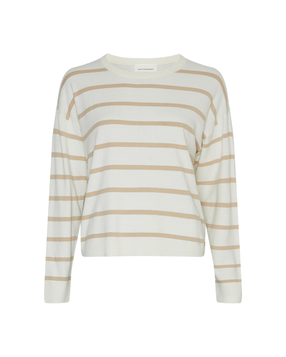 hvid pullover med rund hals, vandrette beige stripe rog riskanter fra Moss Copenhagen MSCHMaura Rachelle Pullover STP V Ice Wht Pep