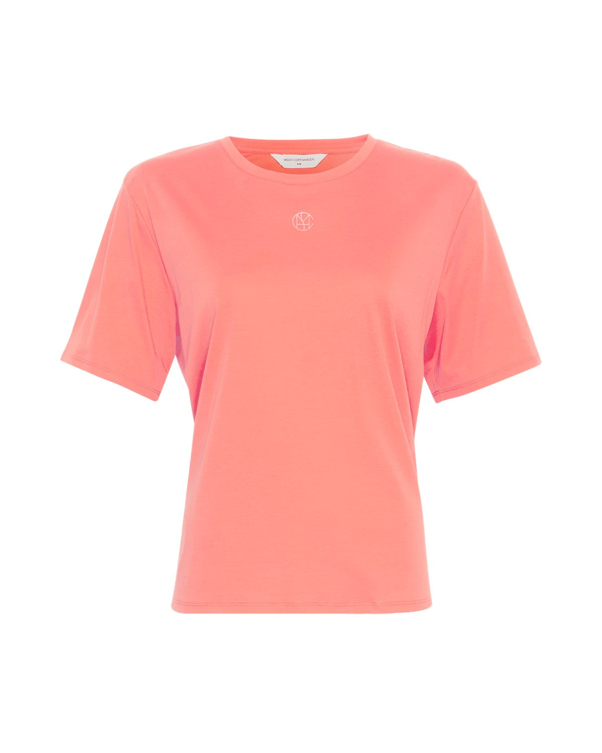 coralfarvet kortærmet t-shirt med rund hals og lille rund logo foran. MOSS Copenhagen MSCHMelea Icon Tee Coral