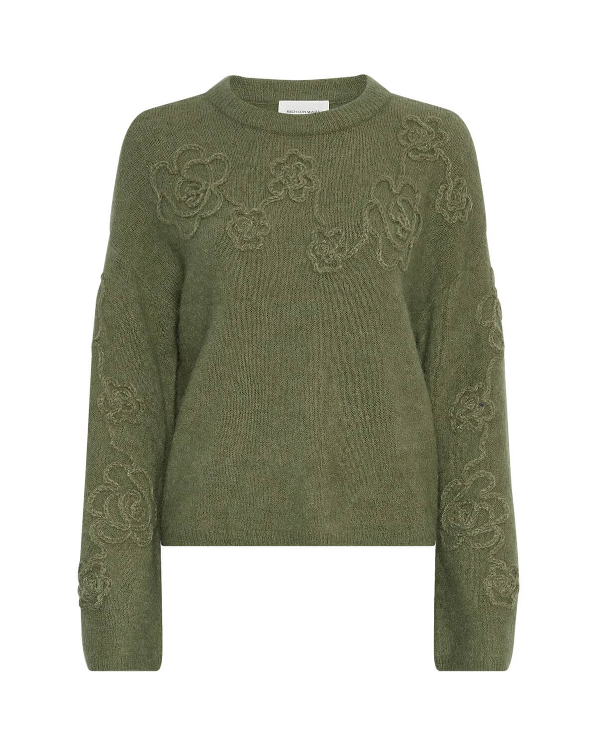 grøn strik med broderede blomster. MOSS Copenhagen MSCHMiabelle Hope Pullover EMB