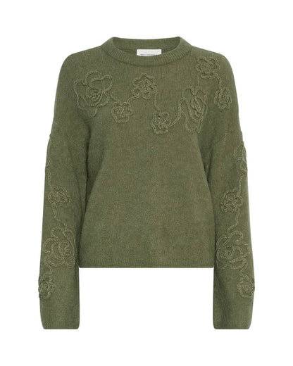 grøn strik med broderede blomster. MOSS Copenhagen MSCHMiabelle Hope Pullover EMB