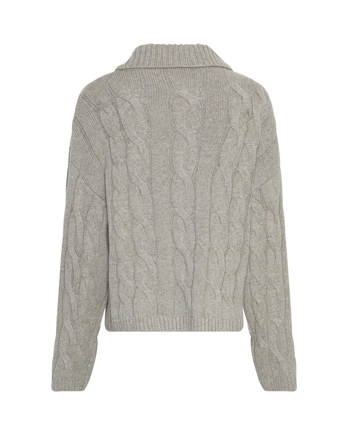 ryggen af beige strik med kabelmønster og krave. MOSS Copenhagen MSCHPavana Peony Pullover