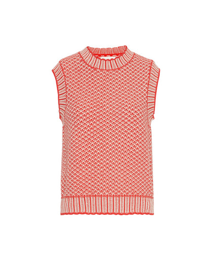 strikket vest med brede rib-kanter og mønster i rød og beige. MOSS Copenhagen MSCHPilla Vest F Scar Oatmeal