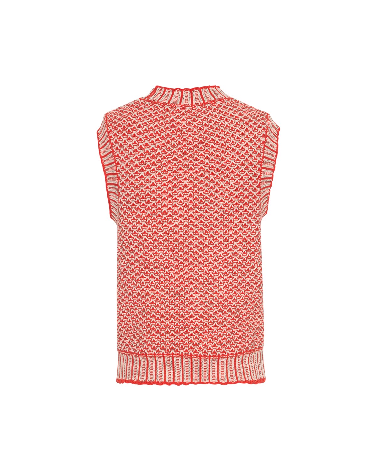 ryggen af strikket vest med brede rib-kanter og mønster i rød og beige. MOSS Copenhagen MSCHPilla Vest F Scar Oatmeal